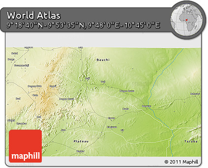 Physical 3D Map of the Area around 9° 36' 8" N, 10° 16' 30" E