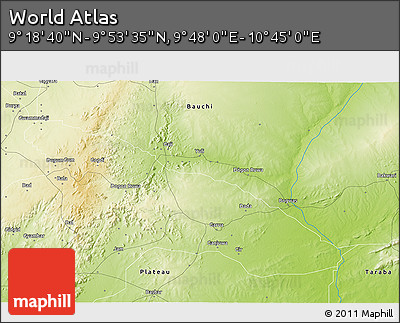 Physical 3D Map of the Area around 9° 36' 8" N, 10° 16' 30" E