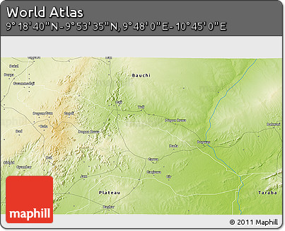 Physical 3D Map of the Area around 9° 36' 8" N, 10° 16' 30" E