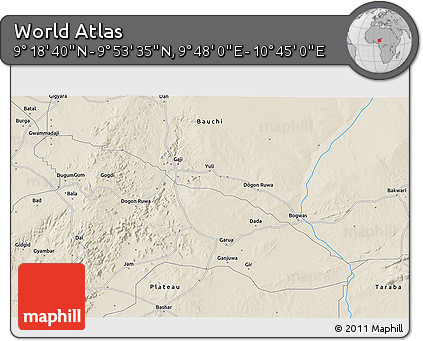 Shaded Relief 3D Map of the Area around 9° 36' 8" N, 10° 16' 30" E