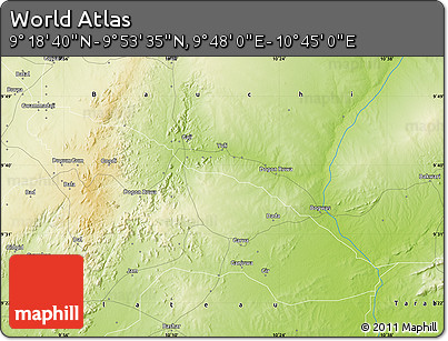 Physical Map of the Area around 9° 36' 8" N, 10° 16' 30" E