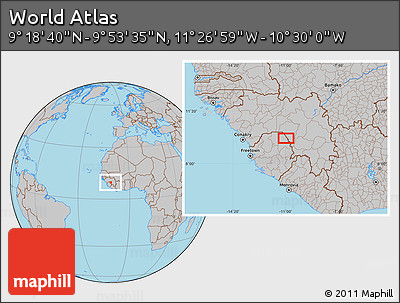 Gray Location Map of the Area around 9° 36' 8" N, 10° 58' 29" W