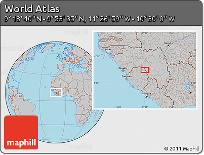 Gray Location Map of the Area around 9° 36' 8" N, 10° 58' 29" W