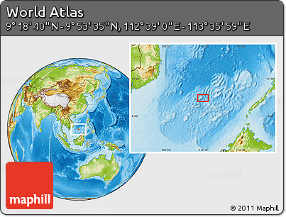 Physical Location Map of the Area around 9° 36' 8" N, 113° 7' 30" E