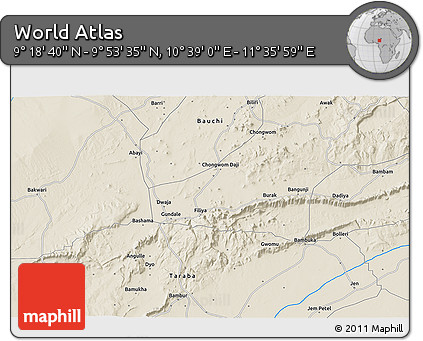 Shaded Relief 3D Map of the Area around 9° 36' 8" N, 11° 7' 30" E