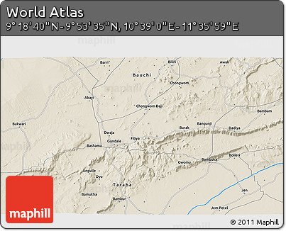 Shaded Relief 3D Map of the Area around 9° 36' 8" N, 11° 7' 30" E