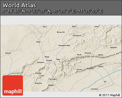 Shaded Relief 3D Map of the Area around 9° 36' 8" N, 11° 7' 30" E