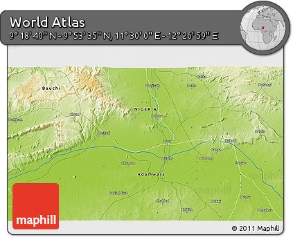 Physical 3D Map of the Area around 9° 36' 8" N, 11° 58' 29" E