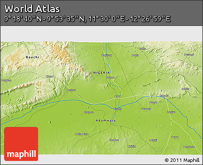 Physical 3D Map of the Area around 9° 36' 8" N, 11° 58' 29" E