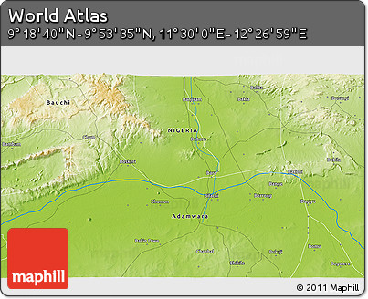 Physical 3D Map of the Area around 9° 36' 8" N, 11° 58' 29" E
