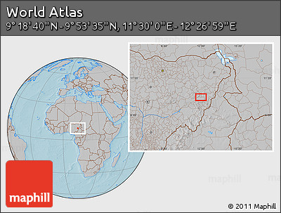 Gray Location Map of the Area around 9° 36' 8" N, 11° 58' 29" E, hill shading