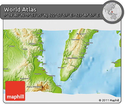 Physical 3D Map of the Area around 9° 36' 8" N, 123° 19' 29" E