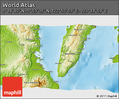 Physical 3D Map of the Area around 9° 36' 8" N, 123° 19' 29" E
