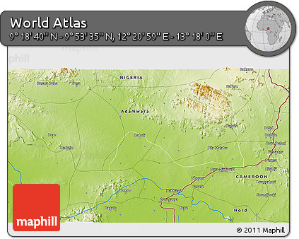 Physical 3D Map of the Area around 9° 36' 8" N, 12° 49' 29" E