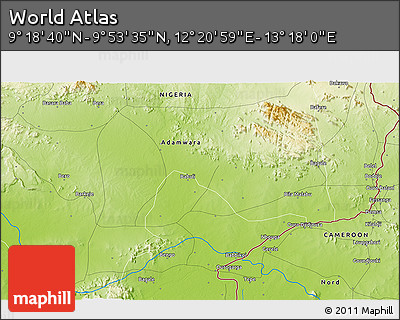 Physical 3D Map of the Area around 9° 36' 8" N, 12° 49' 29" E