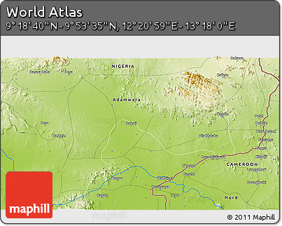 Physical 3D Map of the Area around 9° 36' 8" N, 12° 49' 29" E