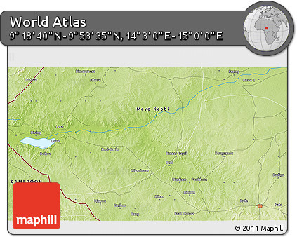 Physical 3D Map of the Area around 9° 36' 8" N, 14° 31' 30" E