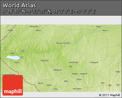 Physical 3D Map of the Area around 9° 36' 8" N, 14° 31' 30" E