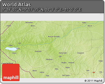 Physical 3D Map of the Area around 9° 36' 8" N, 14° 31' 30" E