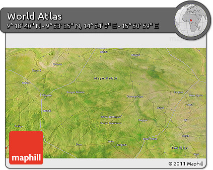 Satellite 3D Map of the Area around 9° 36' 8" N, 15° 22' 30" E