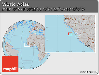 Gray Location Map of the Area around 9° 36' 8" N, 15° 13' 29" W