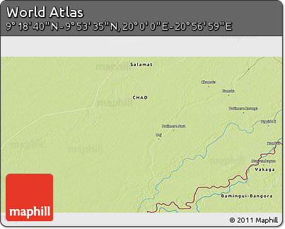 Physical 3D Map of the Area around 9° 36' 8" N, 20° 28' 30" E