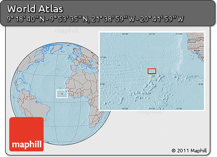 Gray Location Map of the Area around 9° 36' 8" N, 21° 10' 29" W, hill shading