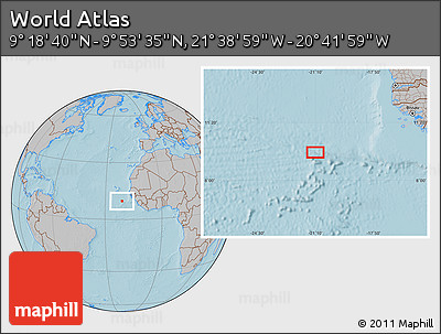 Gray Location Map of the Area around 9° 36' 8" N, 21° 10' 29" W, hill shading