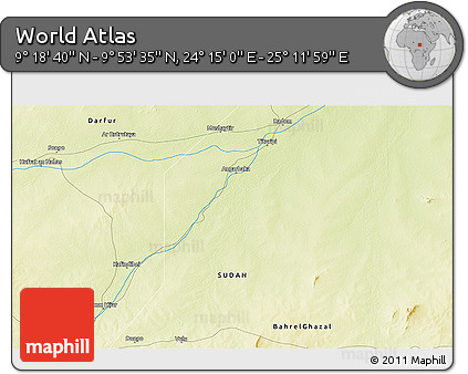 Physical 3D Map of the Area around 9° 36' 8" N, 24° 43' 30" E
