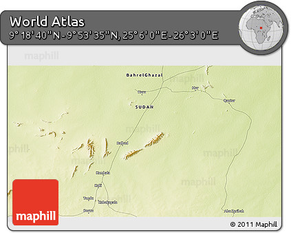 Physical 3D Map of the Area around 9° 36' 8" N, 25° 34' 30" E