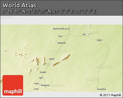Physical 3D Map of the Area around 9° 36' 8" N, 25° 34' 30" E