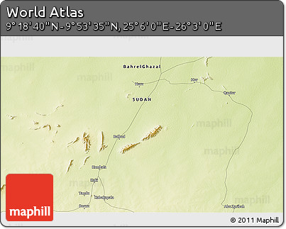 Physical 3D Map of the Area around 9° 36' 8" N, 25° 34' 30" E