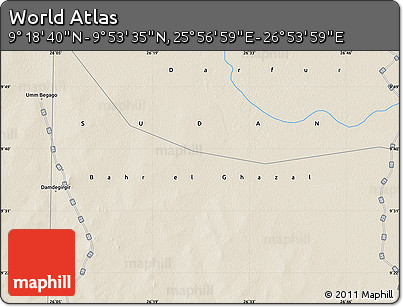 Shaded Relief Map of the Area around 9° 36' 8" N, 26° 25' 29" E