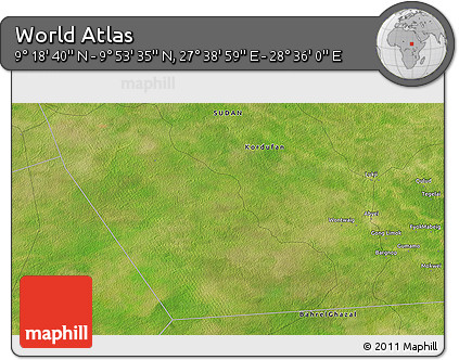 Satellite 3D Map of the Area around 9° 36' 8" N, 28° 7' 30" E