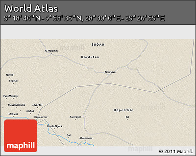 Shaded Relief 3D Map of the Area around 9° 36' 8" N, 28° 58' 30" E