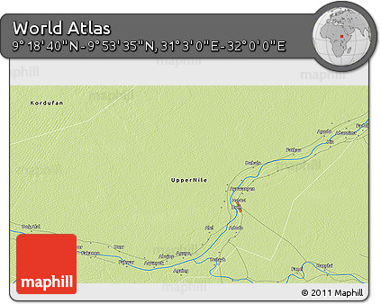Physical 3D Map of the Area around 9° 36' 8" N, 31° 31' 29" E