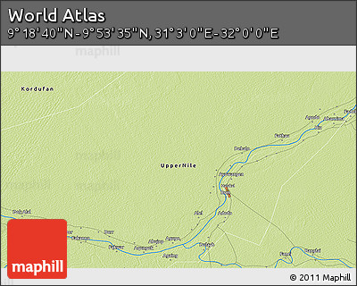 Physical 3D Map of the Area around 9° 36' 8" N, 31° 31' 29" E