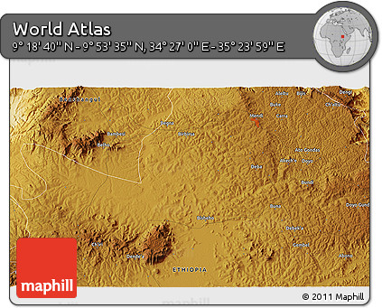 Physical 3D Map of the Area around 9° 36' 8" N, 34° 55' 29" E
