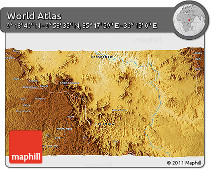 Physical 3D Map of the Area around 9° 36' 8" N, 35° 46' 29" E