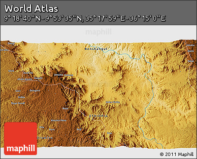 Physical 3D Map of the Area around 9° 36' 8" N, 35° 46' 29" E