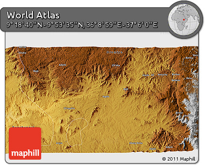 Physical 3D Map of the Area around 9° 36' 8" N, 36° 37' 30" E