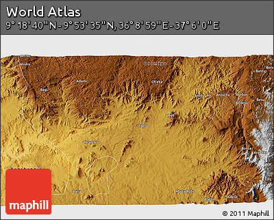 Physical 3D Map of the Area around 9° 36' 8" N, 36° 37' 30" E