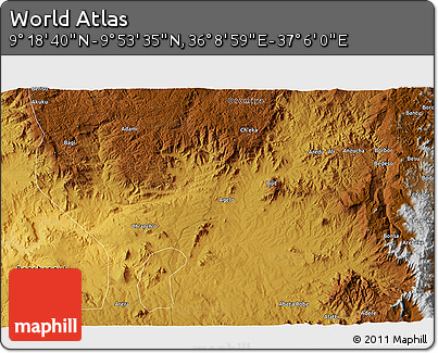 Physical 3D Map of the Area around 9° 36' 8" N, 36° 37' 30" E