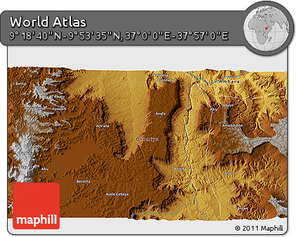Physical 3D Map of the Area around 9° 36' 8" N, 37° 28' 30" E