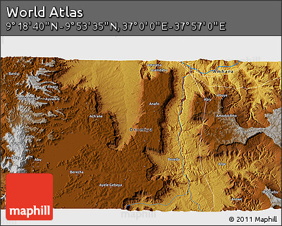 Physical 3D Map of the Area around 9° 36' 8" N, 37° 28' 30" E