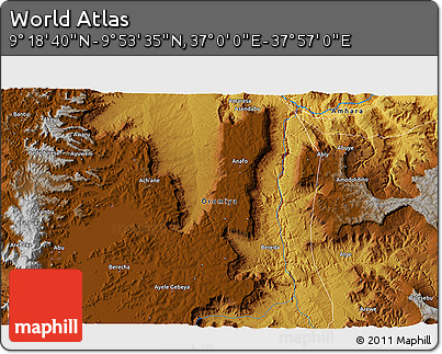 Physical 3D Map of the Area around 9° 36' 8" N, 37° 28' 30" E