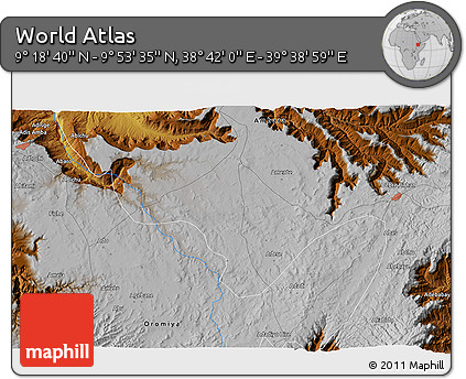 Physical 3D Map of the Area around 9° 36' 8" N, 39° 10' 29" E