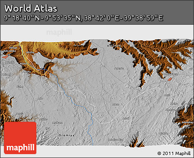 Physical 3D Map of the Area around 9° 36' 8" N, 39° 10' 29" E