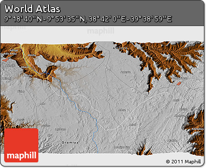 Physical 3D Map of the Area around 9° 36' 8" N, 39° 10' 29" E