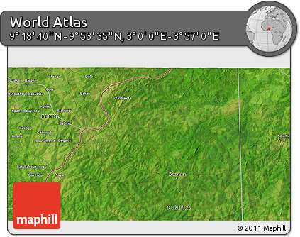 Satellite 3D Map of the Area around 9° 36' 8" N, 3° 28' 30" E